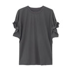 リネン混フリルスリーブドロップショルダーTシャツ【セットアップ可】